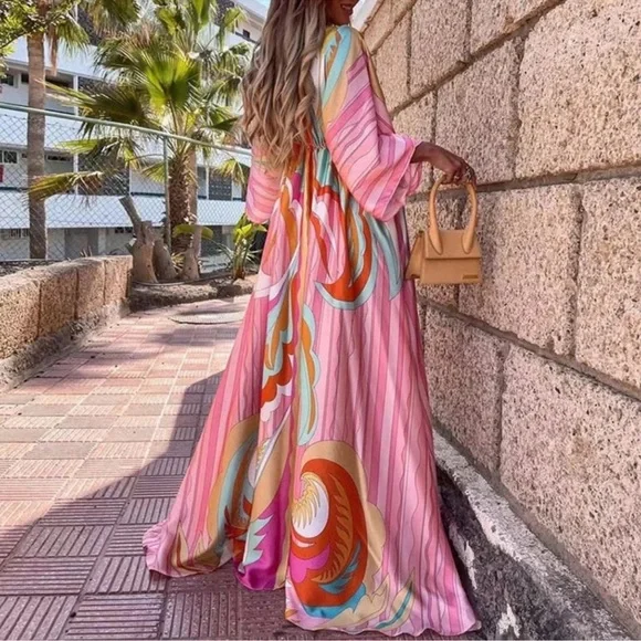 CLOSEOUT! FIRM 🌸 Gorgeous Multicolor Button Pattern Flowy Boho Resort Maxi - Picture 1 of 9